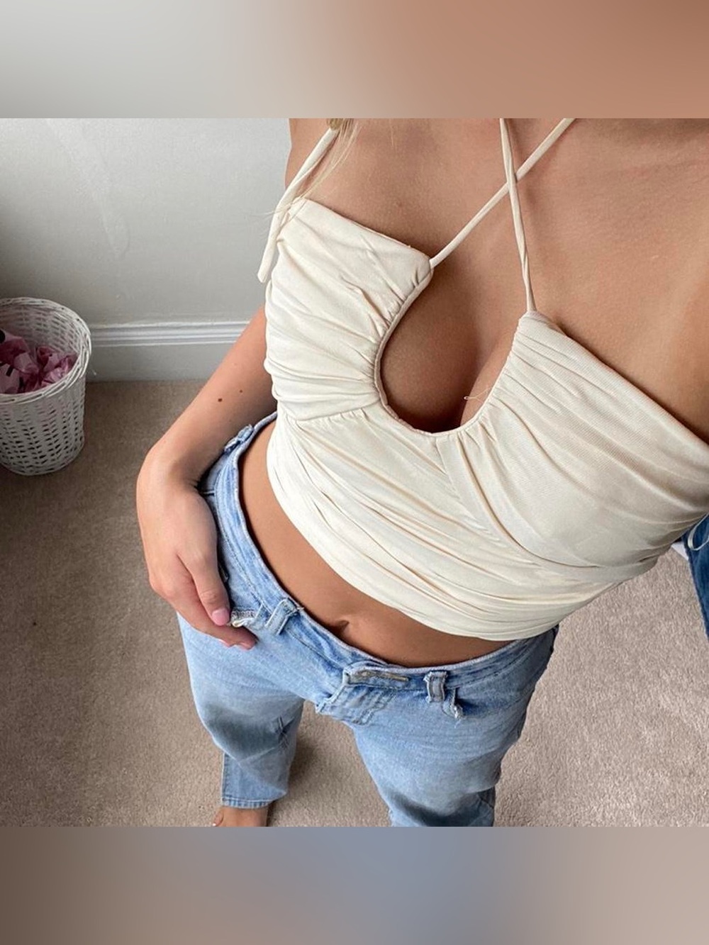 Zara Cream Ruched Halter Crop Top